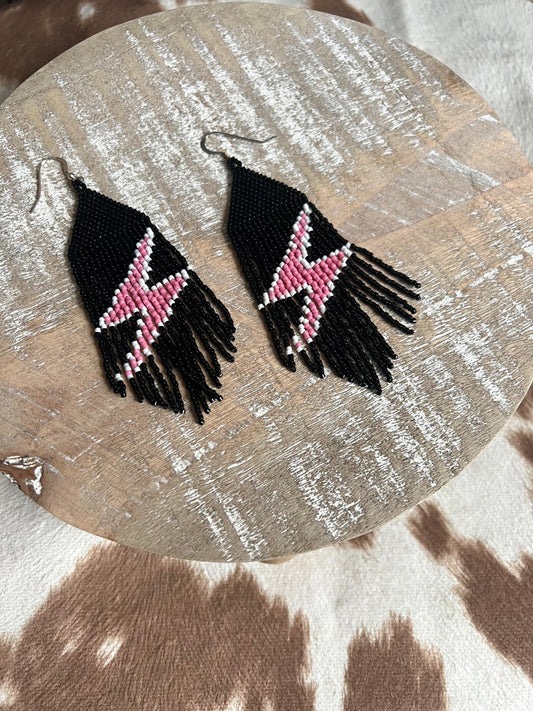 Pink/Black Bolts Fringe Earrings