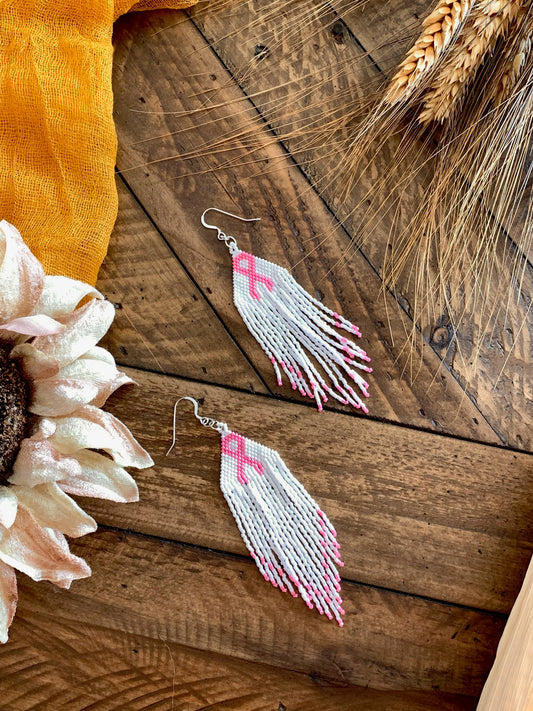 Pink Ribbon Breast Cancer Awareness Fringe Earrings