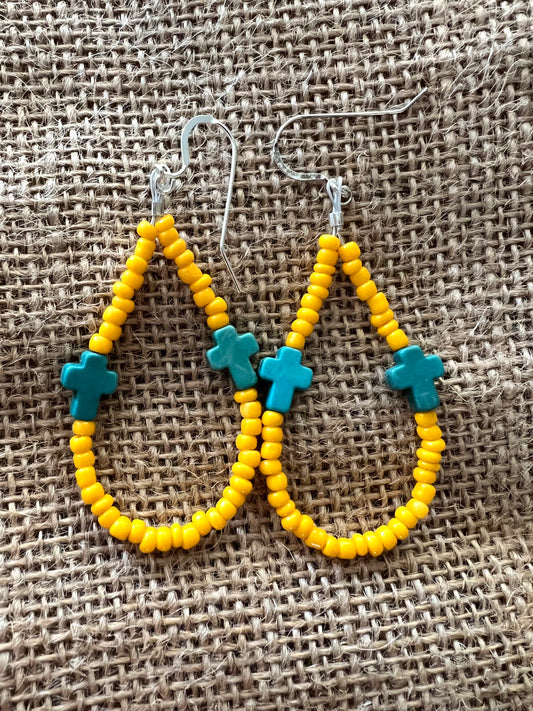 Cross Teardrop Earrings -Yellow