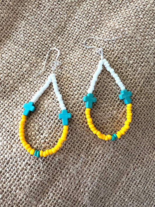 Cross Teardrop Earrings -White/yellow combo