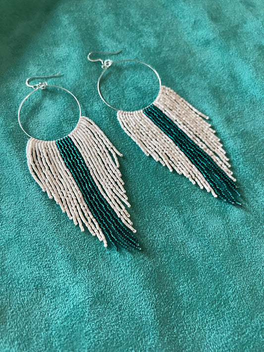 Fringe Hoop Earrings -Ivory/Teal