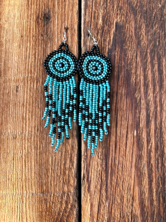 Teal and Black Bullseye Fringe Earrings