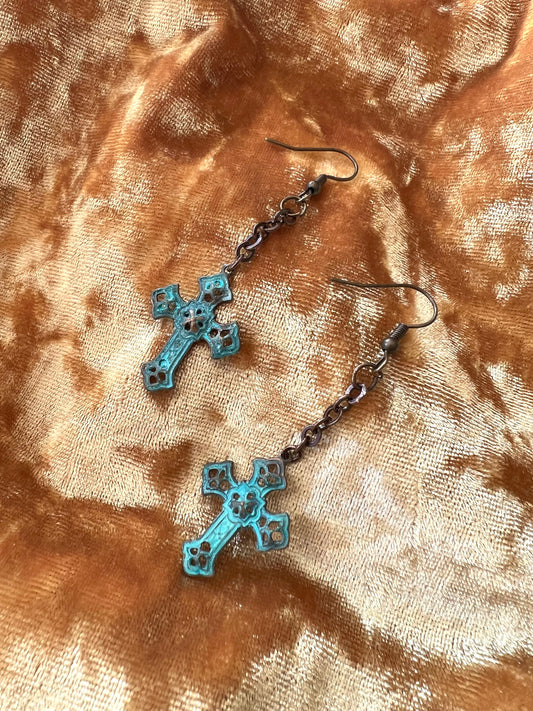 Turquoise Patina Cross Drop Earrings