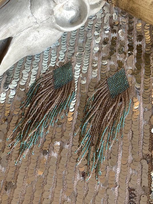 Sage Green and Champagne Sparkles Fringe Earrings